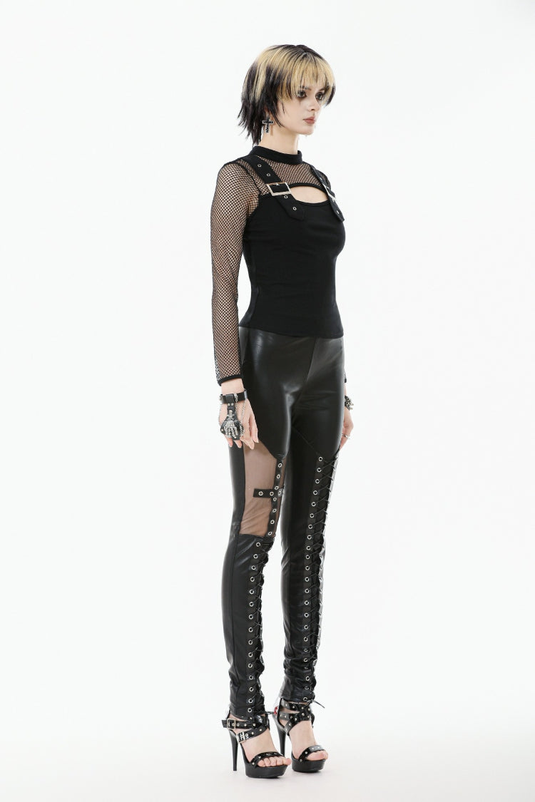 Women's Gothic Punk Pants with Sheer Mesh, PU and Cross Lace-Up Design