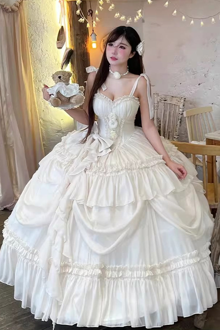 Antique Bride Sleeveless Multi-Layered Ruffled Bow Lace Sweet Elegant Gorgeous Full Skirt Lolita Jsk Dress