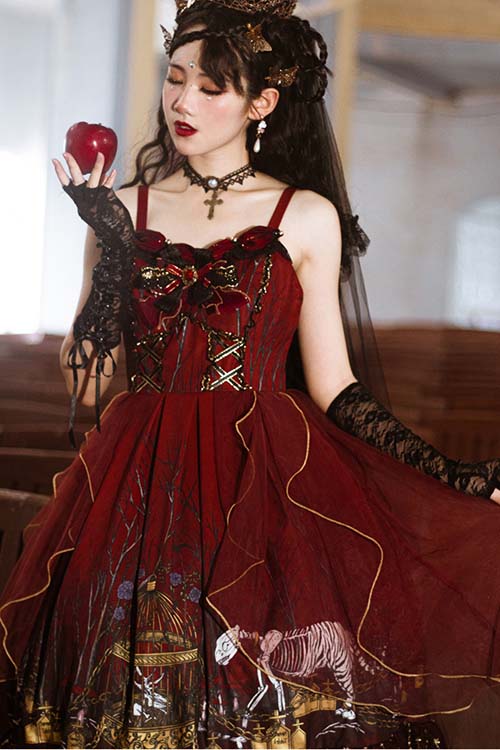 Burgundy Sheer Gothic JSK with Forest Print