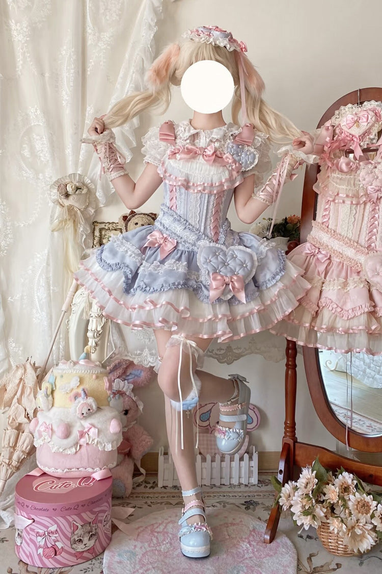 Azure Triple Ruffled Bow Lace-Up Slim Ballet Sweet Lolita Outfit