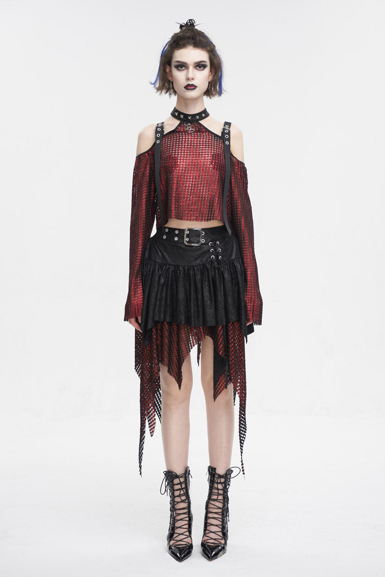 Crimson Gothic Crop Top with Buckle Details and Sheer Fabric
