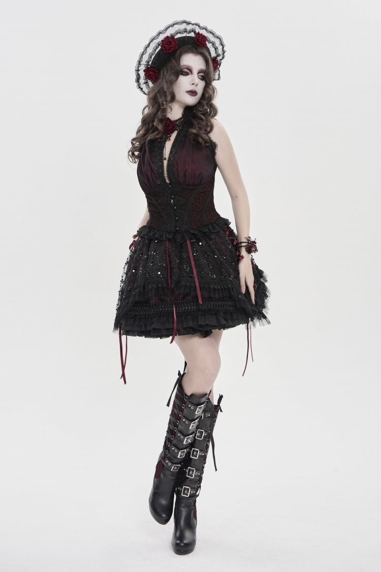 Crimson & Noir Off-Shoulder Double-Layer Embroidered Lace-Up Fitted Gothic Corset Vest