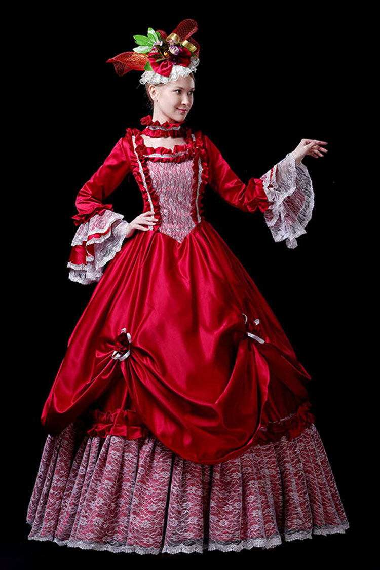 Crimson Victorian Prom Dress with Hime Sleeves and Hollow Embroidery