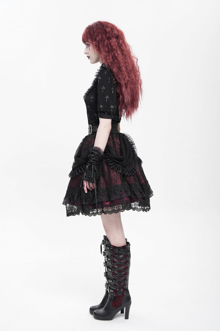 Crimson & Noir Multi-Layer Ruffled Buckle Strap Gothic Skirt