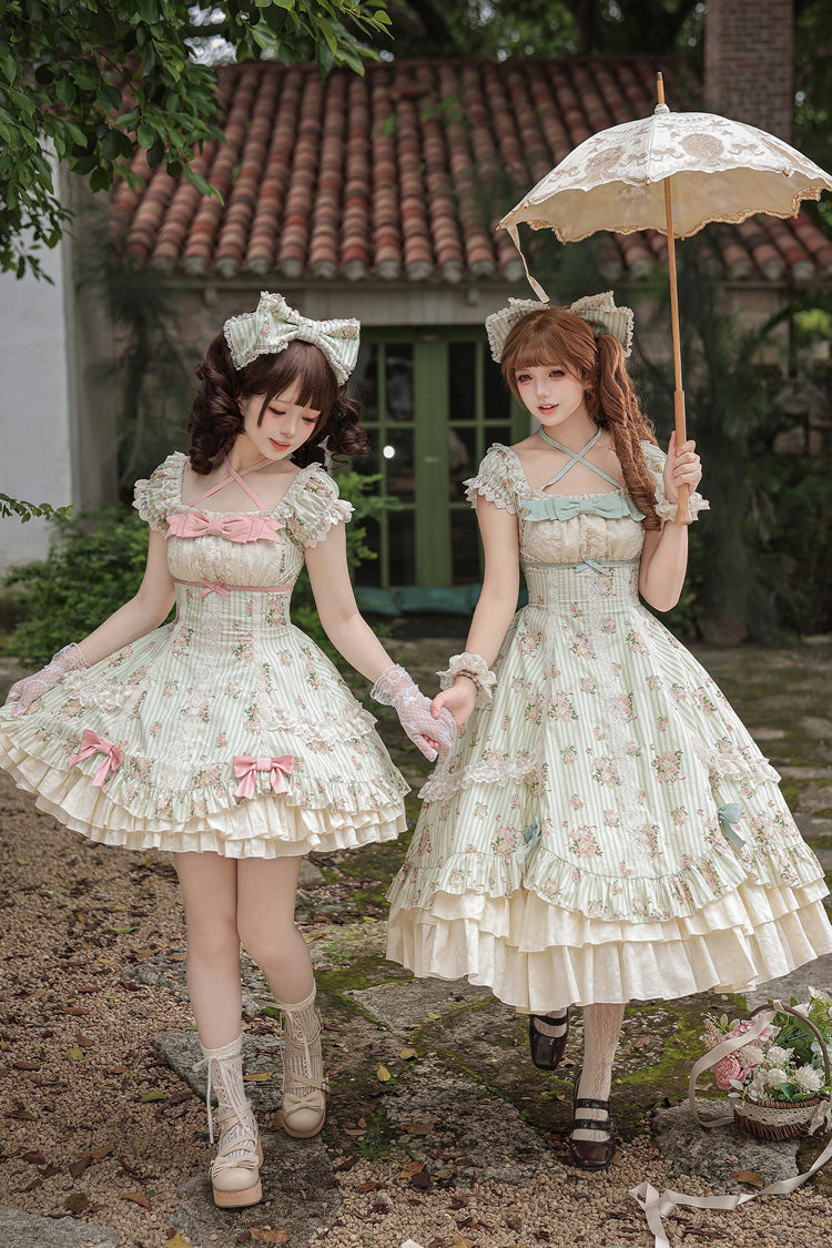 Emerald An Encounter with Austin Square Collar Short Sleeve Multi Rose Printed Ruffled Bow Lace Sweet Lolita Gown