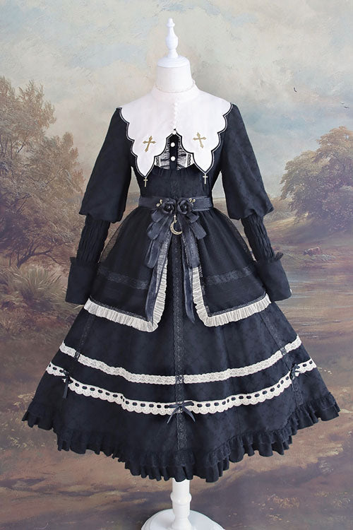 Classic Lolita OP Dress with Dark Church Lace, Ruffled Long Sleeves and Cross