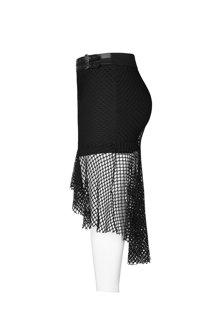 Fishtail Knit Skirt with Leather Clasps and Mesh Panels