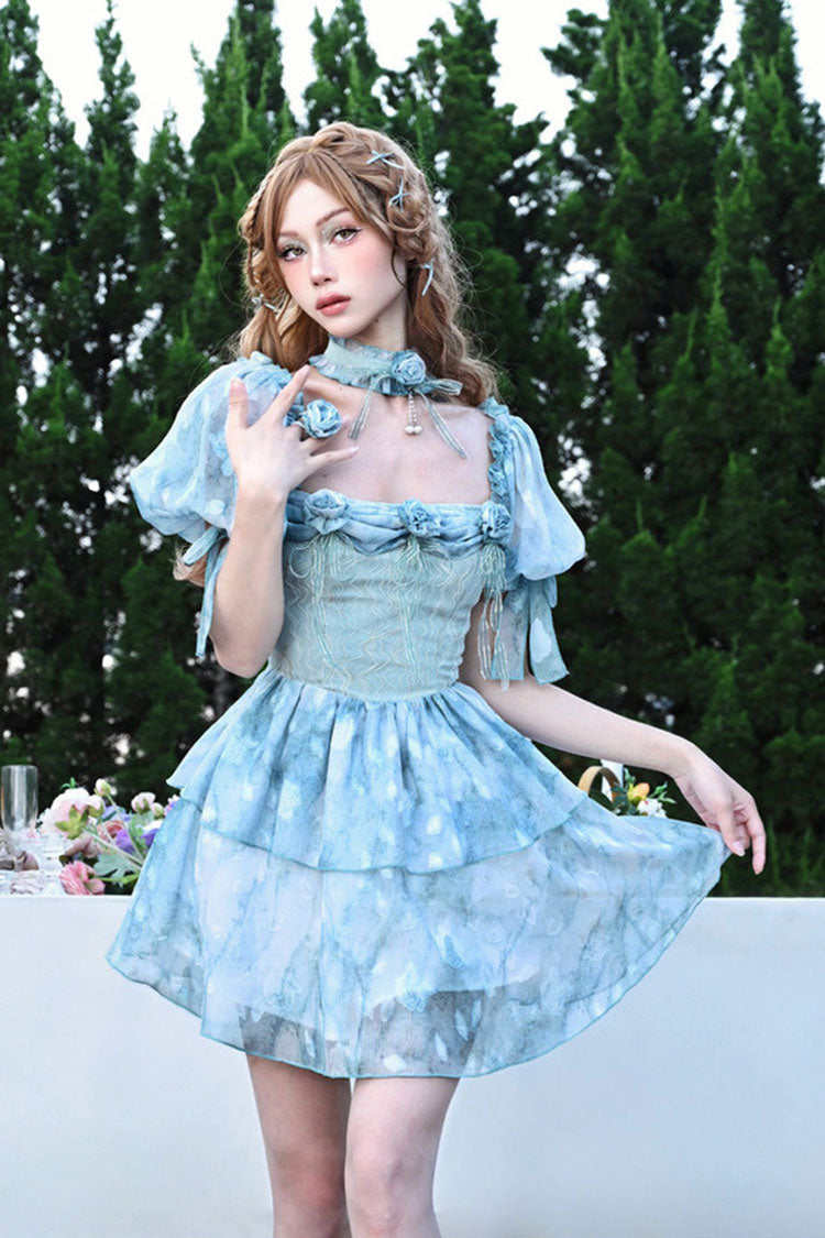 Azure Square Neck Short Puff Sleeve Multi-Layer Print Ruffle Tie-Dye Princess Lolita