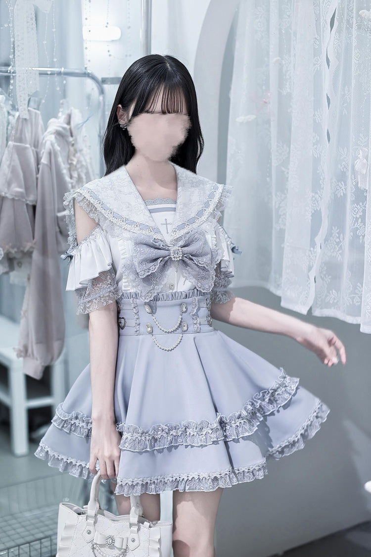 Apprentice Witch Off Shoulder Navy Collar Short Sleeves Ruffled Bow Lace Pearl Detail Classic Jirai Kei Japanese Skirt Set