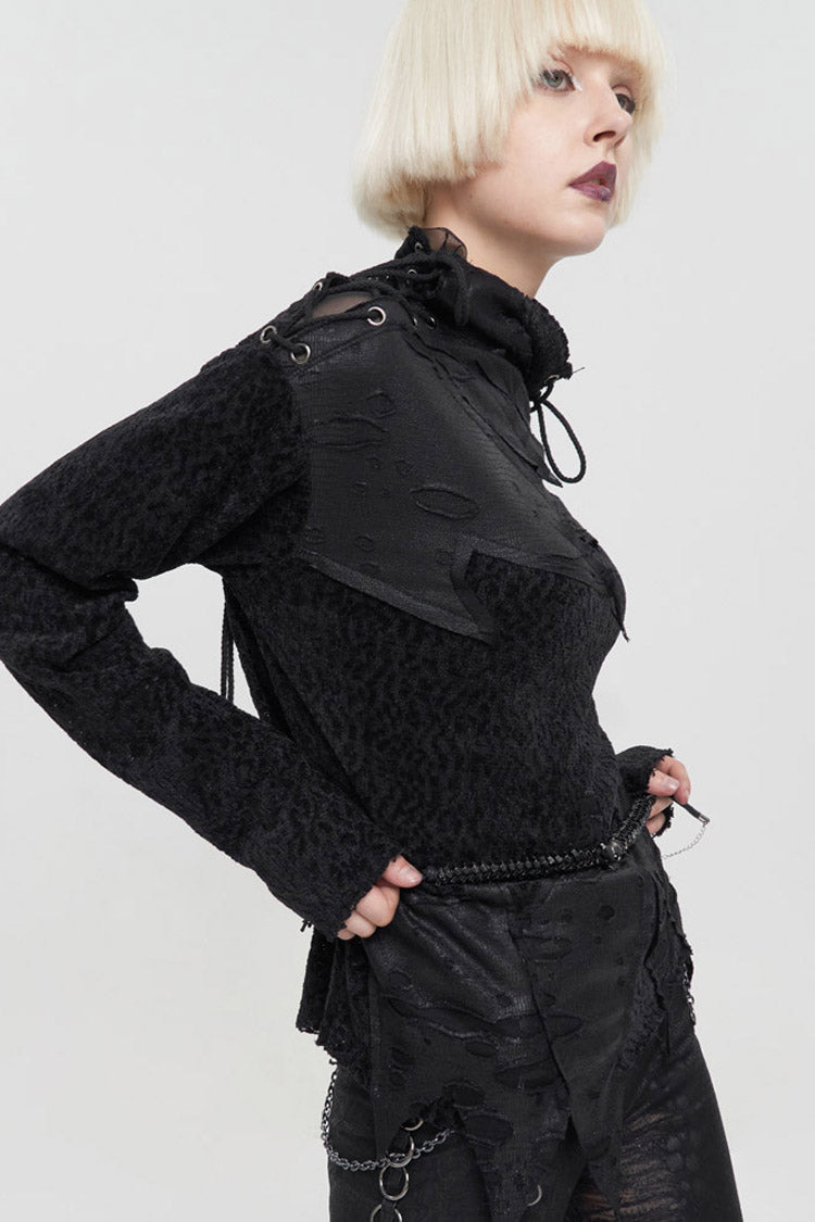 Distressed Wool Sweater with Irregular Hem for Women - Noir