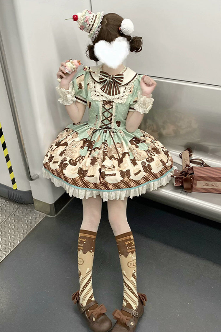 Sweet Lolita Dress with Chocolate Cake Bear Print and Lace-Up