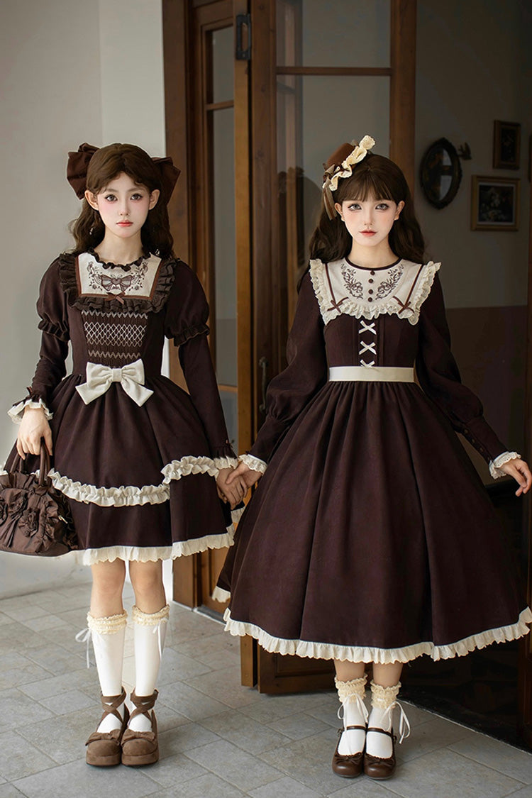 Chocolate Double Layer Ruffle Bow Embroidered Short Lolita Dress - Miss Brown