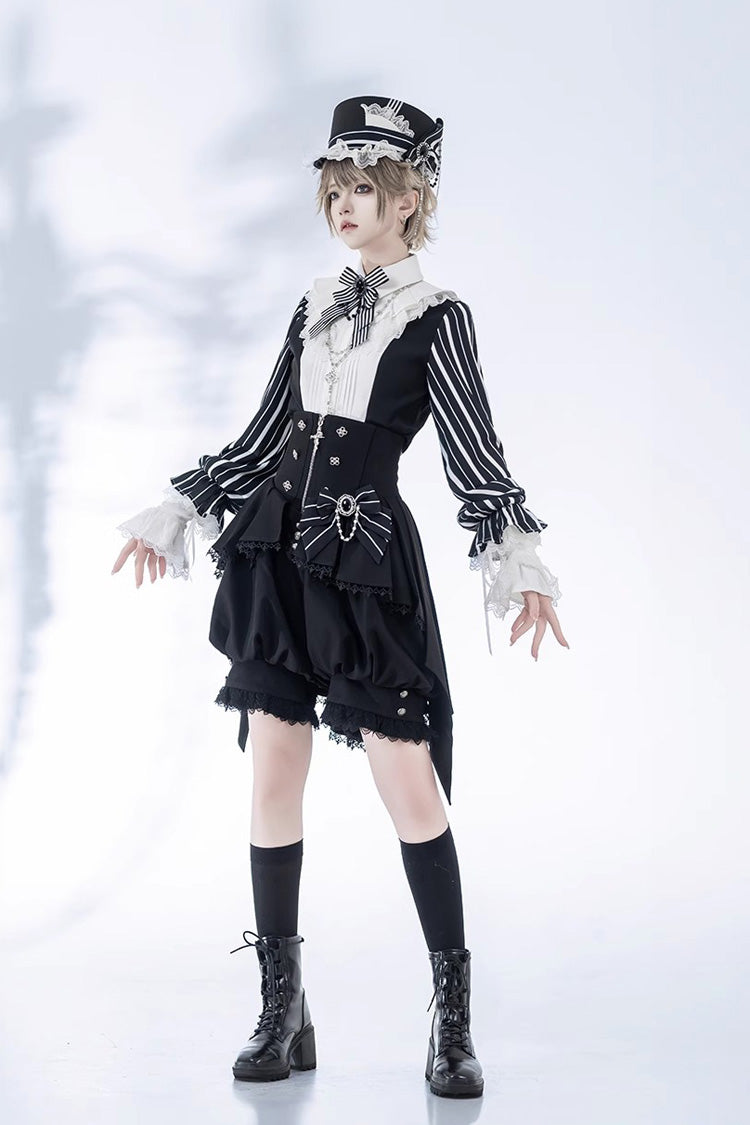 Elegant Lolita Shorts with Stripe Print and Lace - Noir