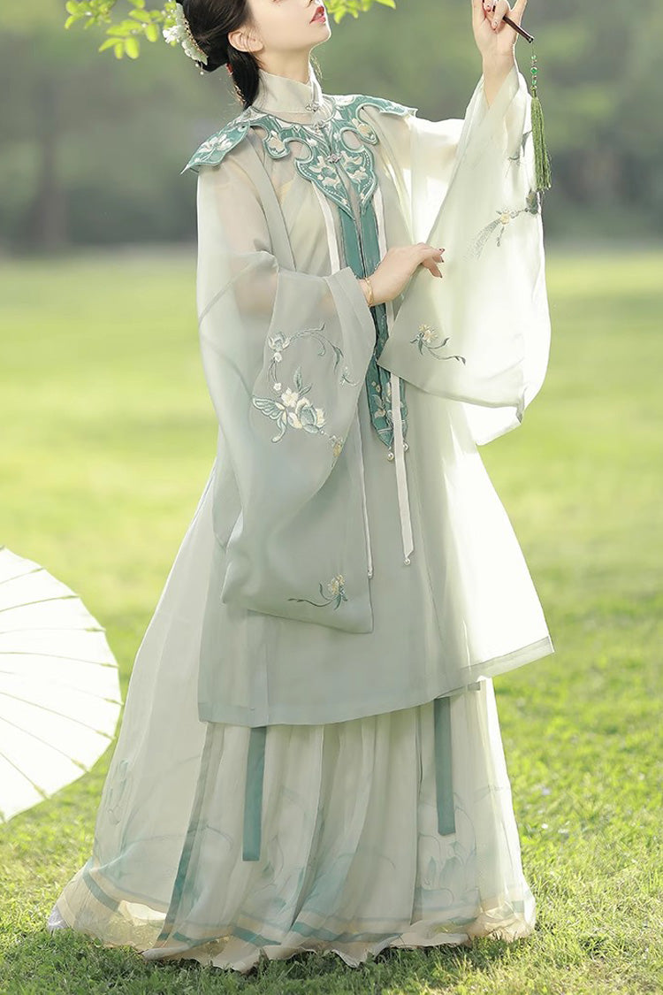 Emerald Embroidered Mandarin Collar Hanfu Ensemble with Full Coverage