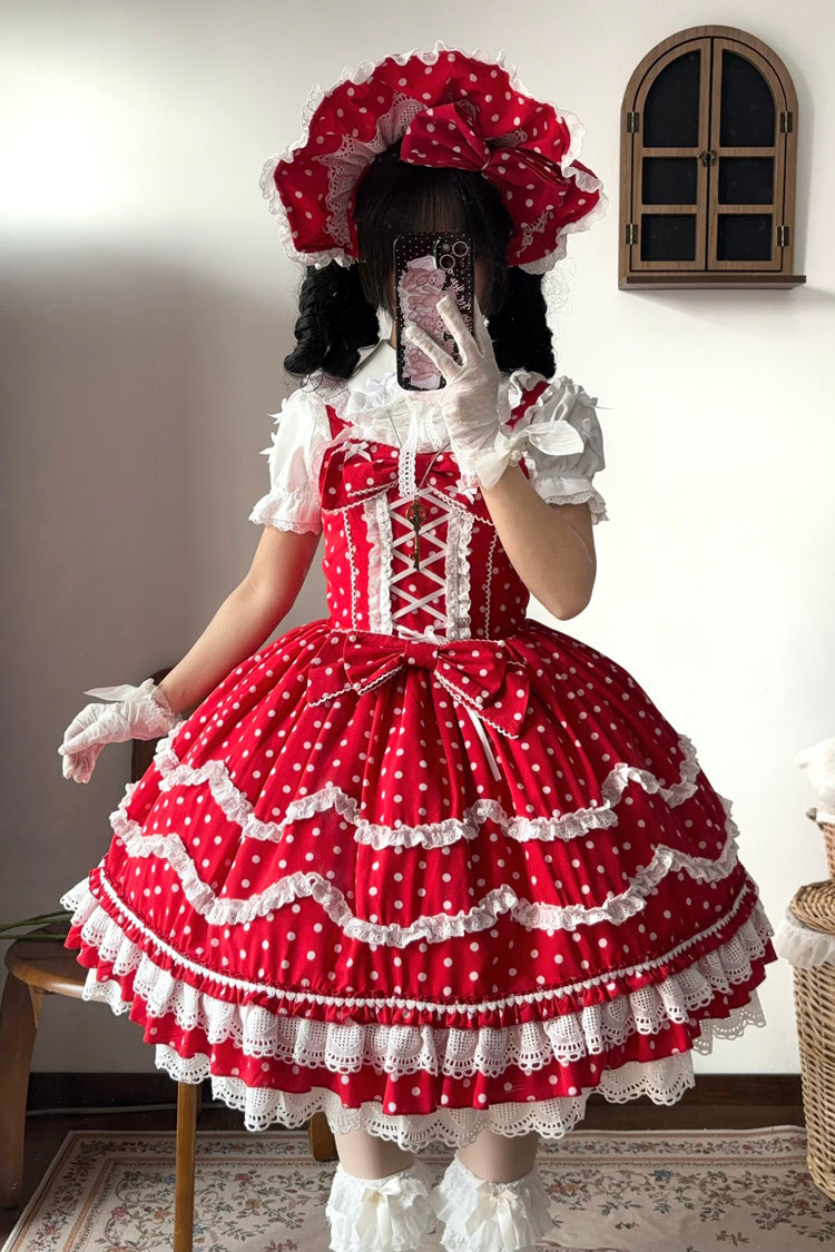 Ruby Polka Dot Ruffle Dress with Corset Lacing