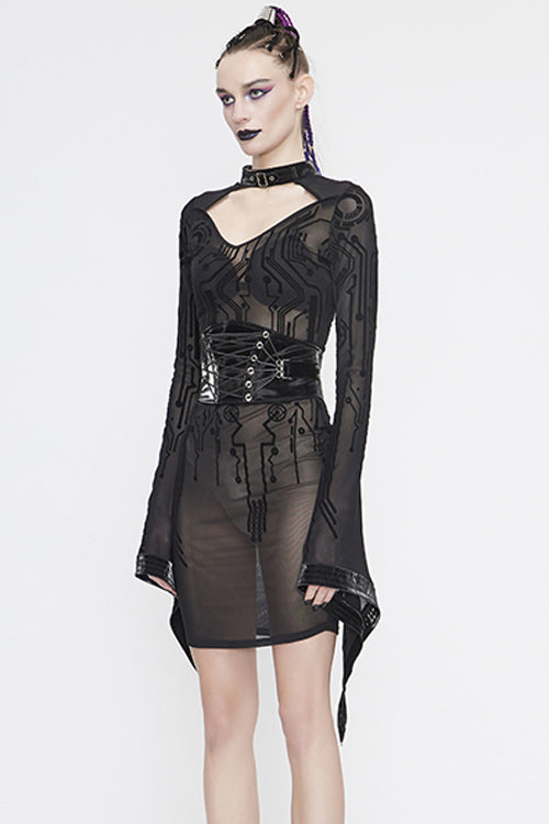 Women's Gothic Dress with Circuit Diagram Flocking Print and Flared Sleeves