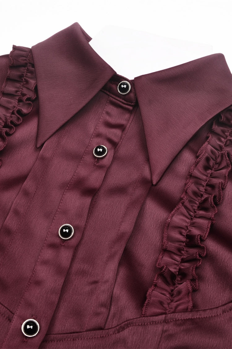 Burgundy Point Collar Short Puff Sleeve Ruffled Gothic Elegant Women's Blouse