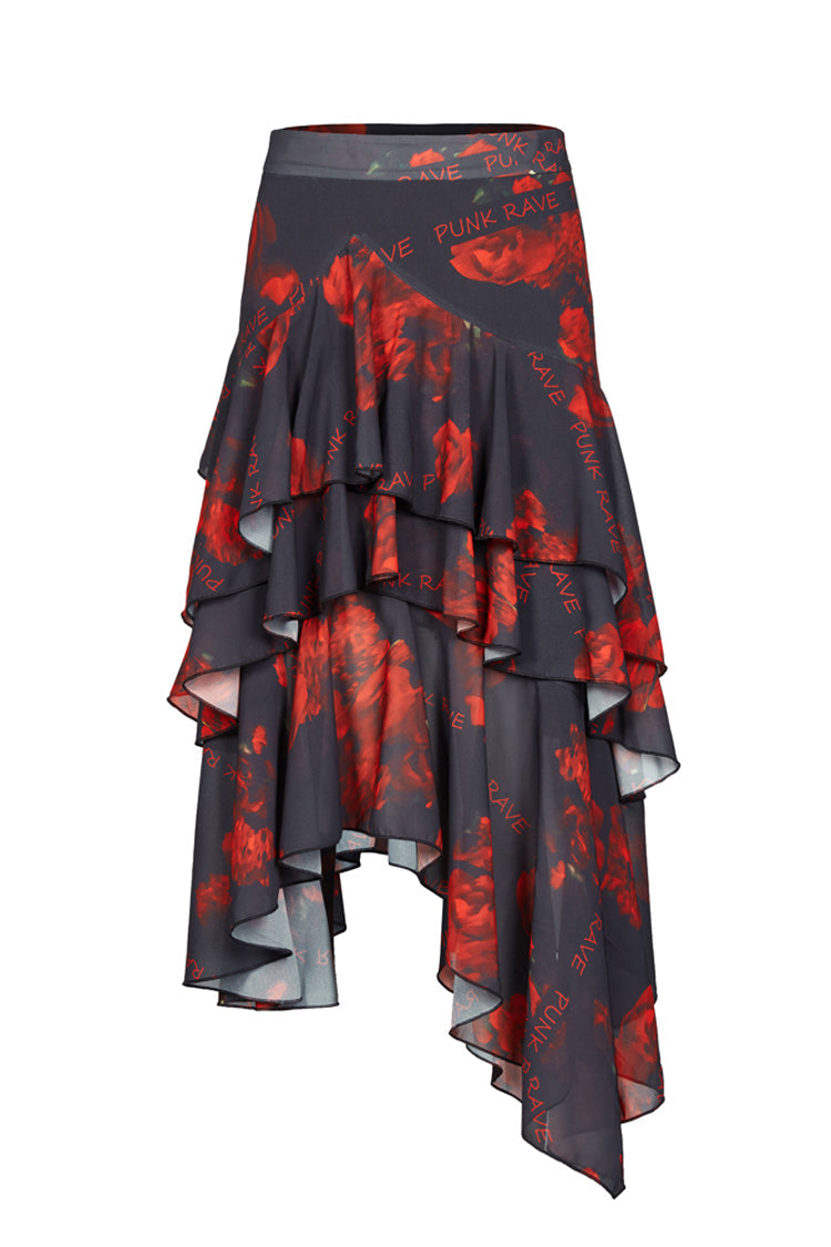 Crimson Noir Layered Chiffon Pattern Print High-Waist Punk Skirt