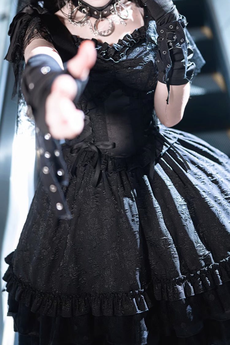 Gothic Lolita Dress with Flying Sleeves Ruffle Trim and Fishbone