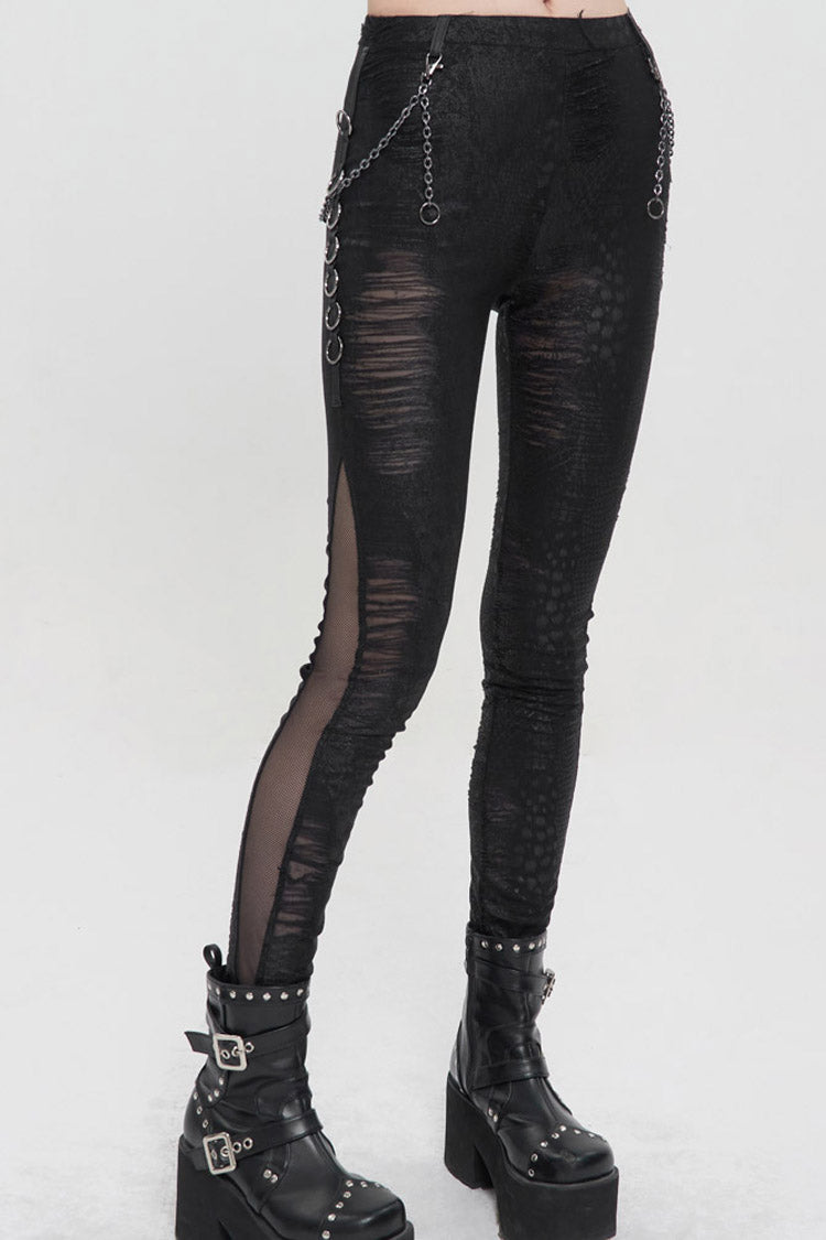 Gothic Black Knit Pants with Detachable Chain & Semi-Sheer Irregular Cut