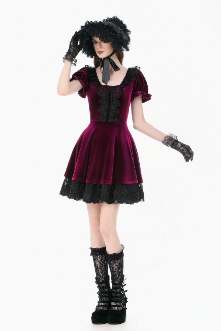 Burgundy Square Collar Short Puff Sleeve Velvet Patchwork Lace Lace-Up Gothic Dress