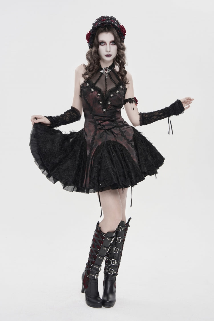 Crimson & Noir Off-Shoulder Strapless Lace-Up Pleated Gothic Gown with Embroidered Trim