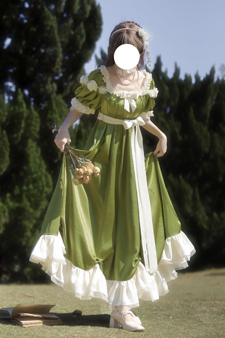 Emerald Square Neck Short Sleeve Ruffle Bow Sweet Regency Vintage Lolita Dress