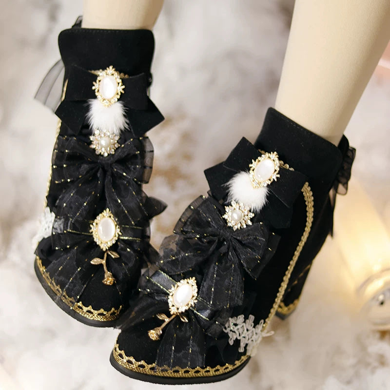 Sweet Luxurious Lolita Ankle Boots with Chunky Heel and Pom-Pom Bow Pearl Detail