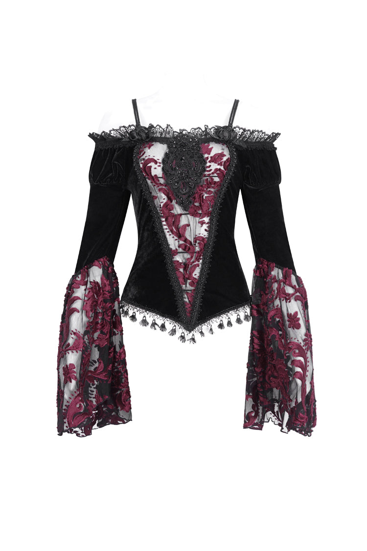 Crimson & Noir Off-Shoulder Flared Sleeve Embroidered Lace Gothic Top