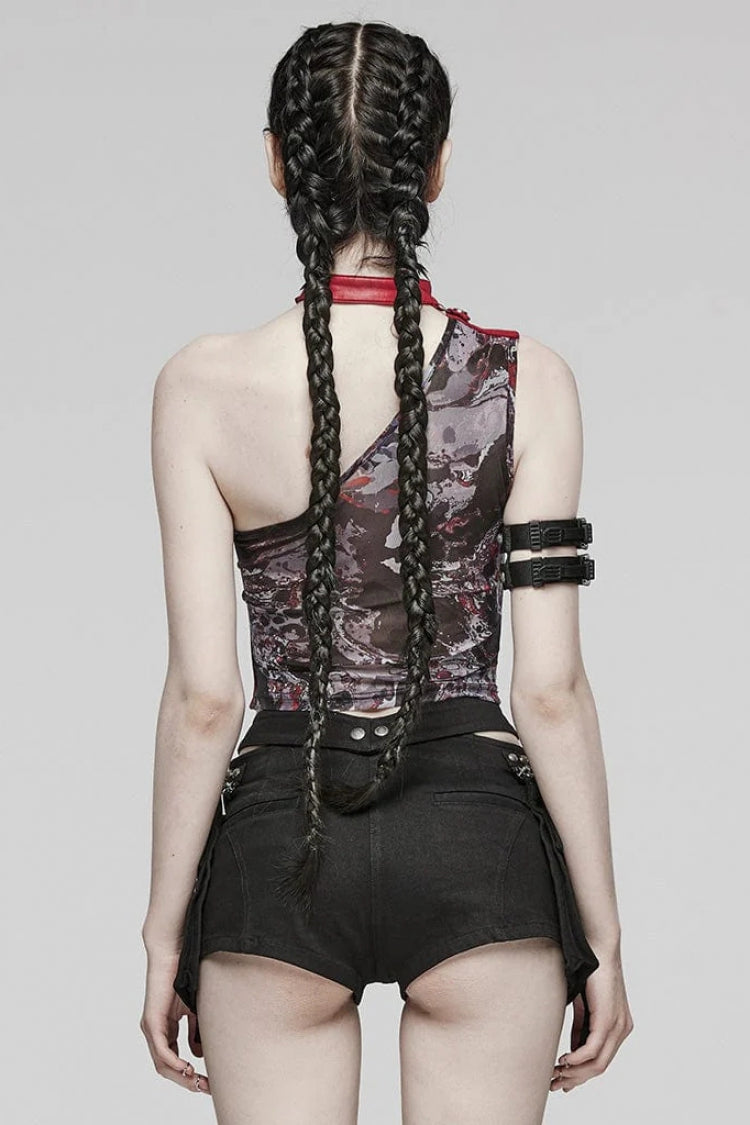 Women's Steampunk Halter Vest with Asymmetrical Off Shoulder, Sleeveless, Print in 2 Colors