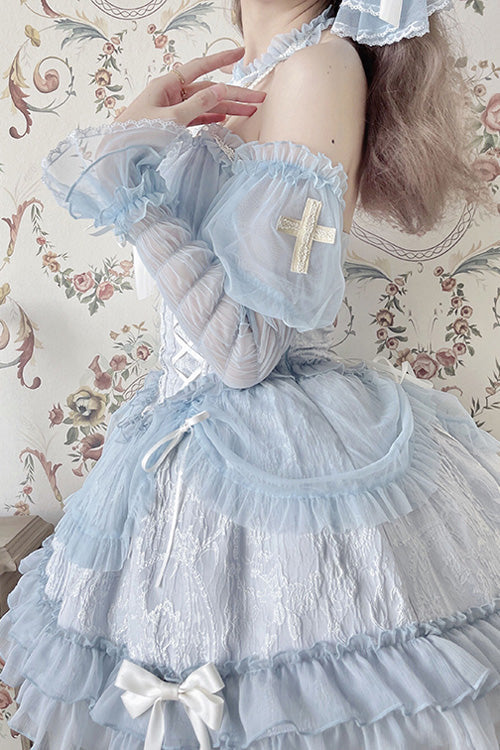 Azure Strapless Bowknot Frilled Sweet Lolita Tiered Gown