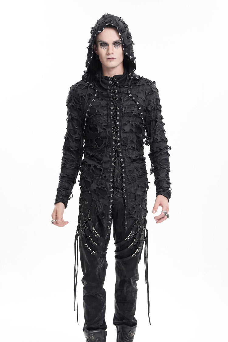 Gothic Hooded Coat with Studs and Lace-Up Front