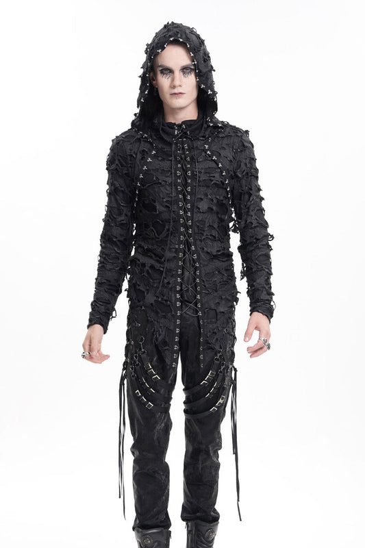 Gothic Hooded Coat with Studs and Lace-Up Front