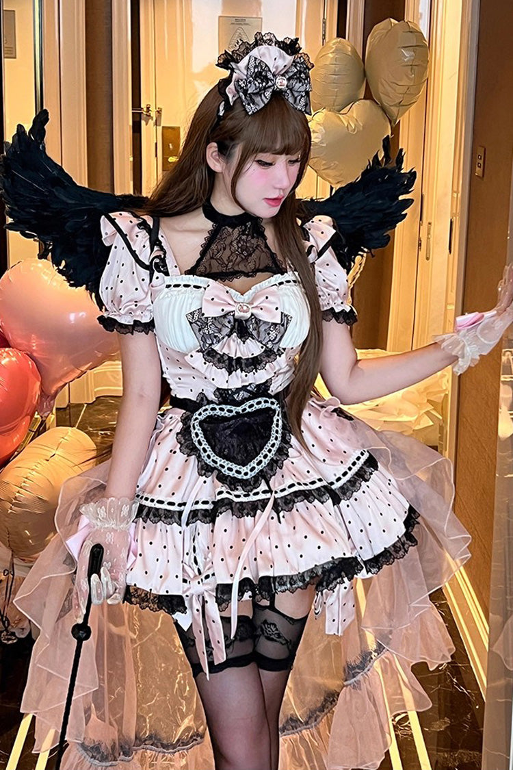 Apprentice Cupid Halterneck Short Sleeves Print Ruffle Bowknot Lace, Maid Sweet Lolita
