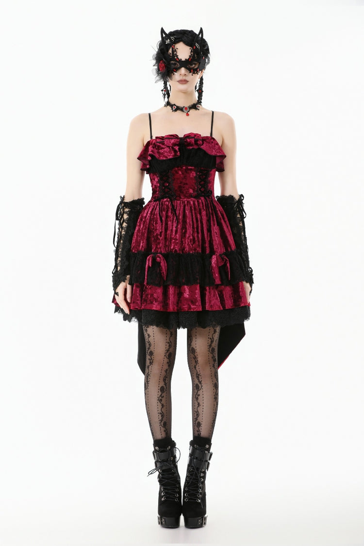 Maroon Corset Velvet Pointed-Tail Gothic Cami Mini Dress