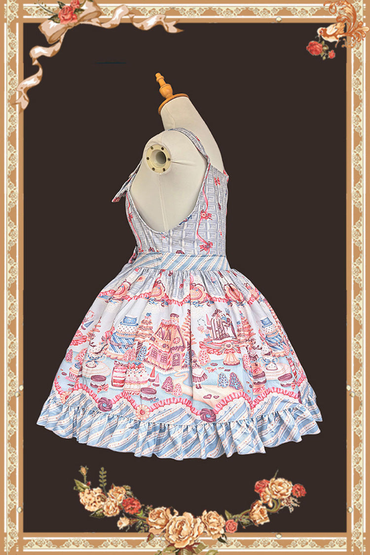 Square Collar Printed Strap Dress with Ruffles and Bow - Candy House