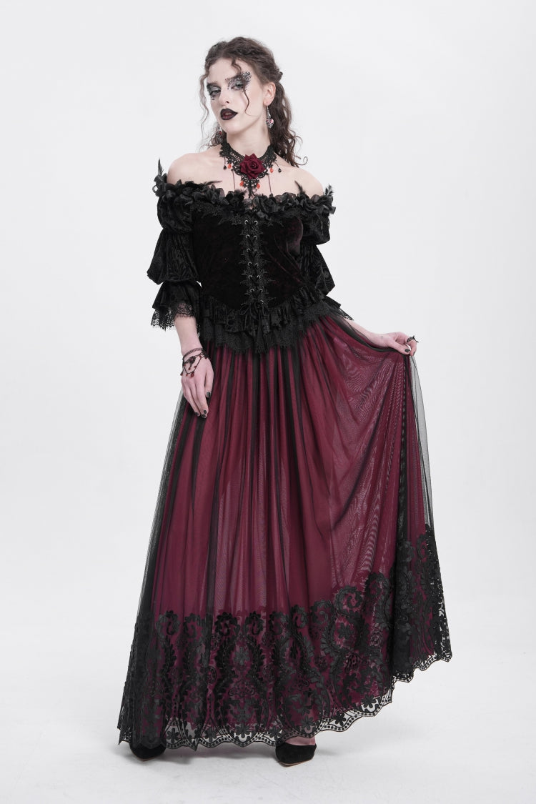 Crimson Gothic Blouse with Ruffled Sleeves and Lace-Up Front