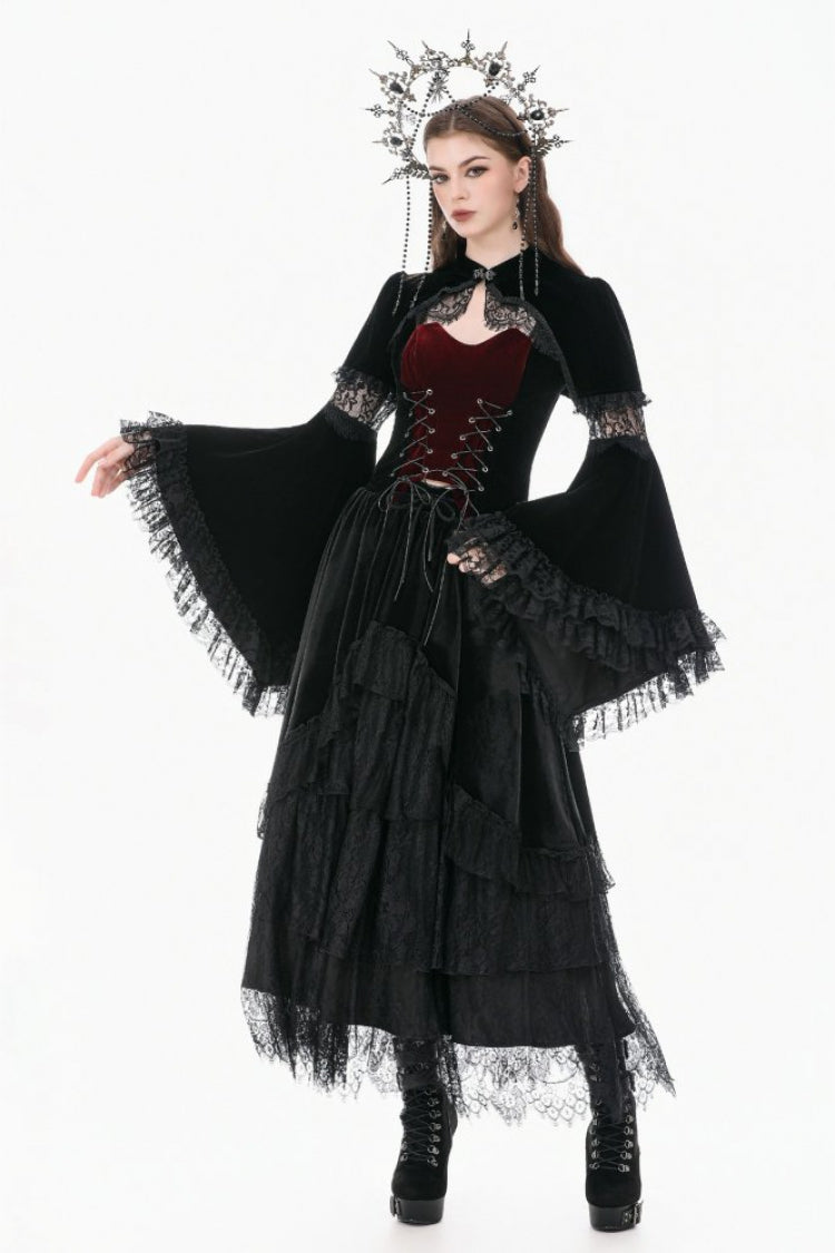 Gothic Shrug with Keyhole Mandarin Collar, Velvet Lace Splice & Flare Sleeves