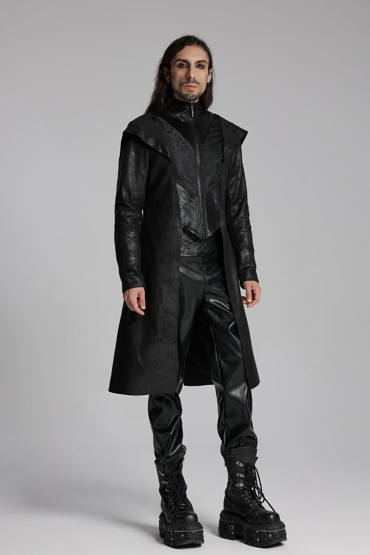 Gothic Hooded Jacket with Zip and Pleats for Men - Noir