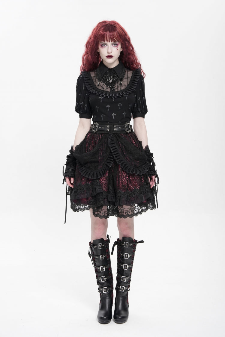 Crimson & Noir Multi-Layer Ruffled Buckle Strap Gothic Skirt