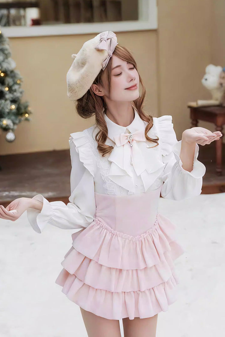 Cherry Blossom Snow Lapel Long-Sleeve Triple Ruffle Bow Faux Two-Piece Lolita Dress