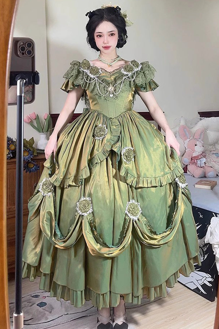 Emerald Tana Manor Rose Flower Long Sleeve Ruffle Bow Elegant Sweet Princess Lolita Strapless Gown