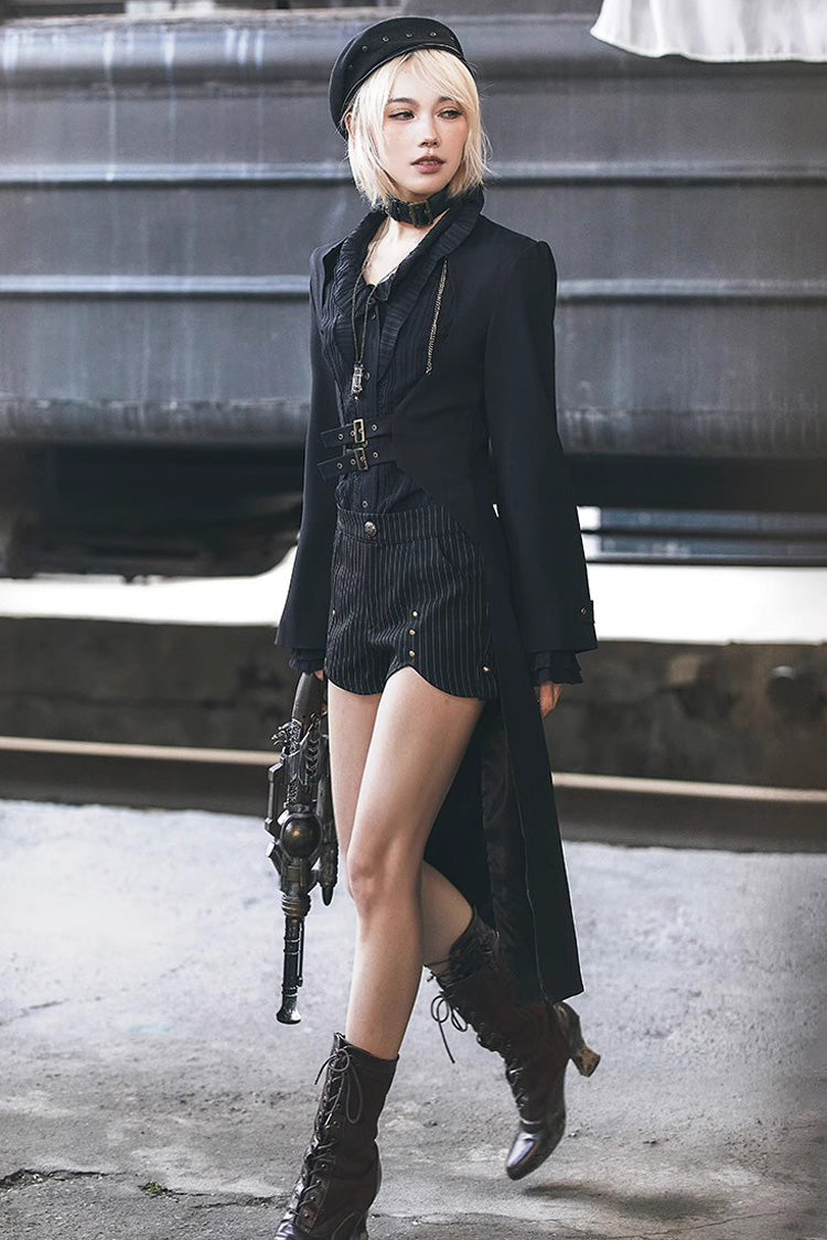 Classic Gothic Blouse with Lotus Collar and Slim Fit, Extended Sleeves