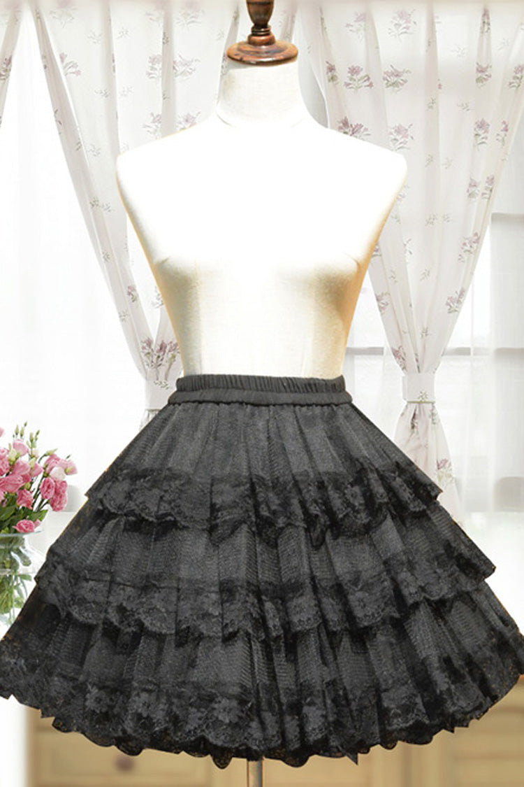 Gothic Lolita Tiered Skirt with Organza Overlay and Lace Accents in Cotton