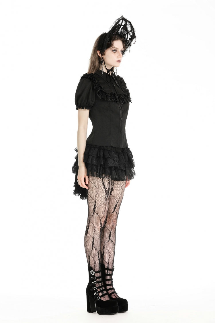 Ruffled Gothic Blouse with Puff Sleeves and Collar - Gothic Edge