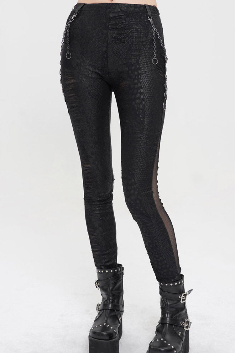 Gothic Black Knit Pants with Detachable Chain & Semi-Sheer Irregular Cut