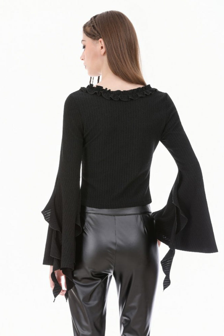 Women's Gothic Crop Top with Ruffled V-Neck, Split Trumpet Sleeves and Streamer