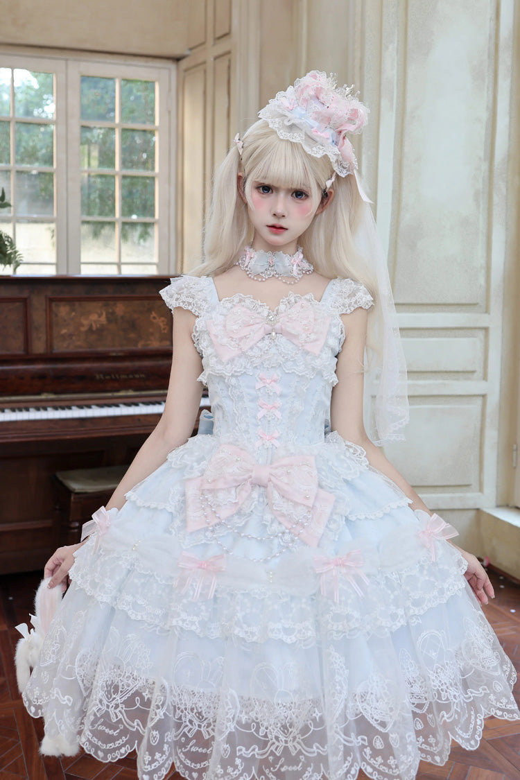 Square Collar Flutter Sleeves Jacquard Ruffled Bow Princess JSK - Bunny Dream Letter