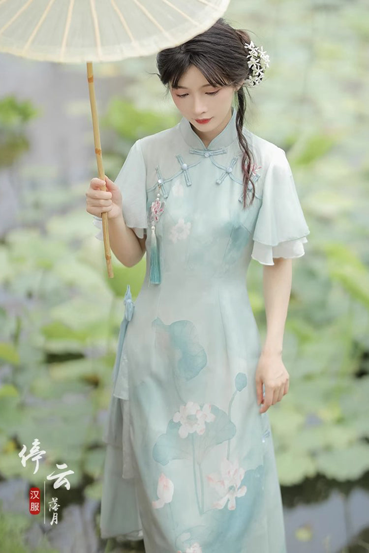 Emerald Ruffle Short Sleeve Lotus Print Sweet Cheongsam Hanfu Dress