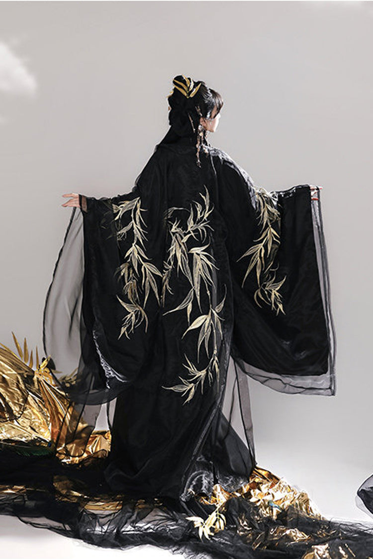 V-Neck Trumpet Sleeve High-Waisted Hanfu Dress Set - Bamboo Leaves